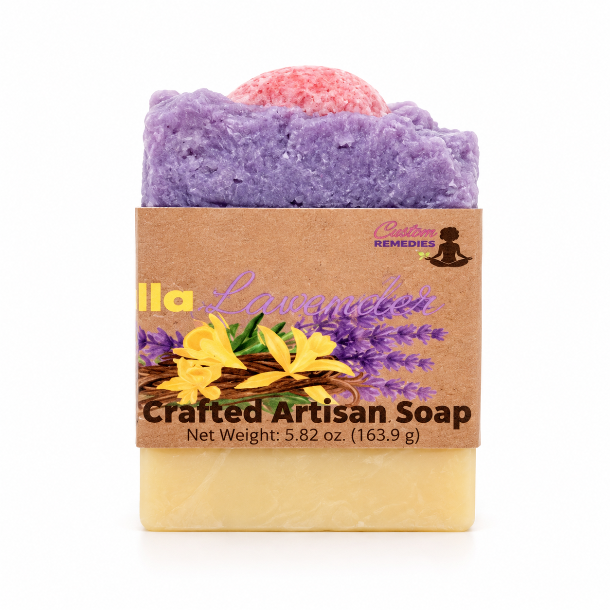 A single bar of lavender and Vanilla scented handmade soap by Lakay Remedies, wrapped in a brown kraft paper label with illustrations of yellow flowers and lavender, on a white background.