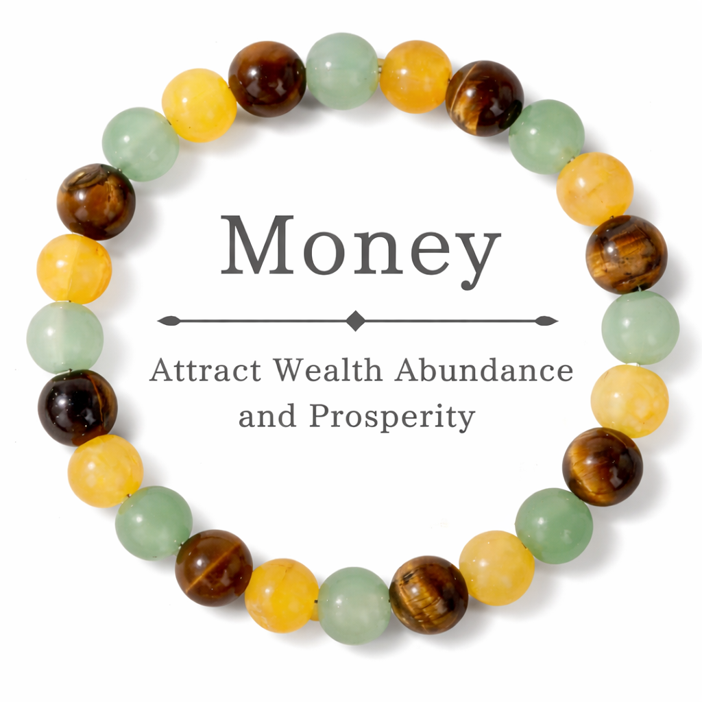 Beaded bracelet with multicolored beads on a white background, featuring text about attracting wealth abundance and prosperity.