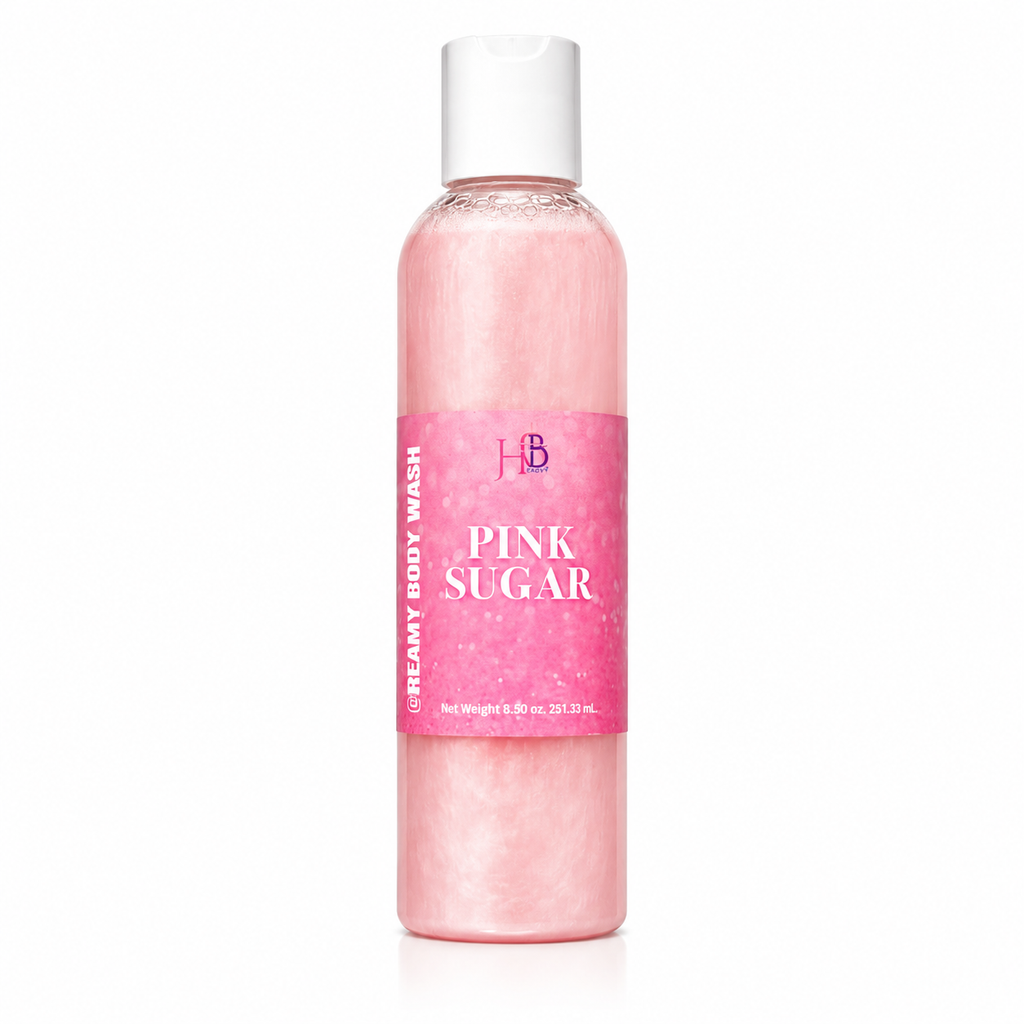 A bottle of Her Beauty Factory Body Wash in the Pink Sugar scent, featuring a translucent pink bottle with a white cap and a pink label, set against a plain white background.