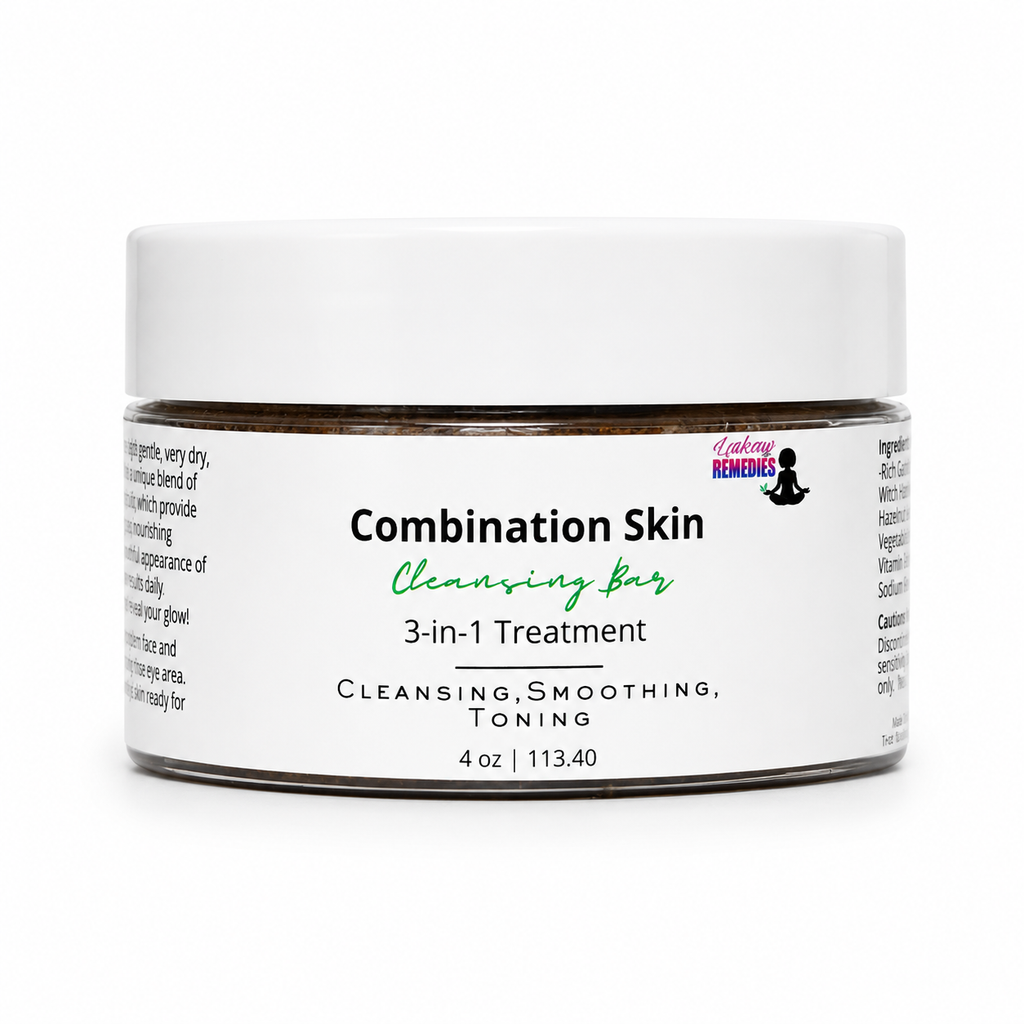 A white jar of 'Combination Skin' 3-in-1 treatment by ' Lakay Remedies' on a clean white background.