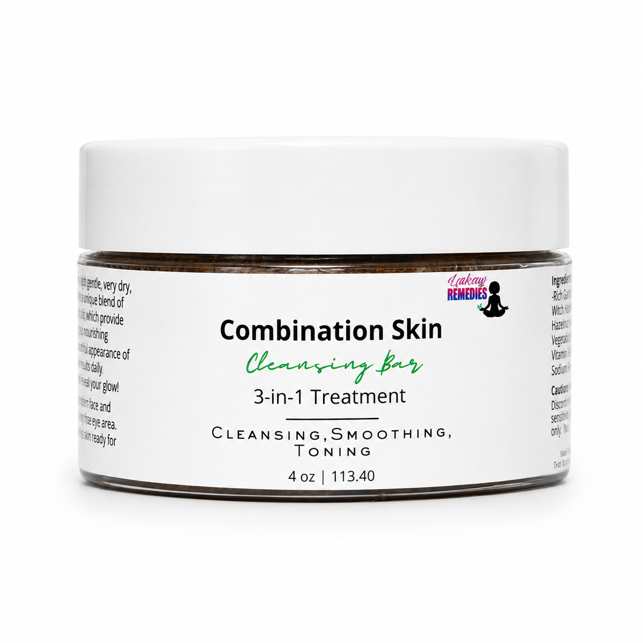 A white jar of 'Combination Skin' 3-in-1 treatment by ' Lakay Remedies' on a clean white background.