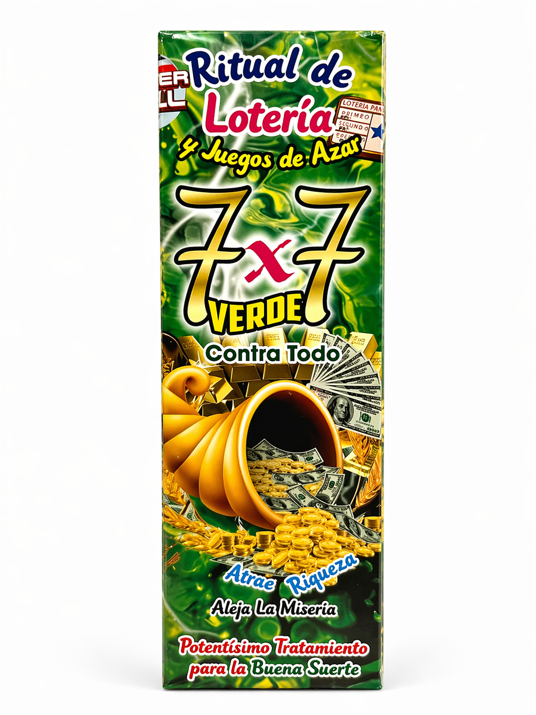 Box of '7x7 Verde' with green and yellow design on a white background