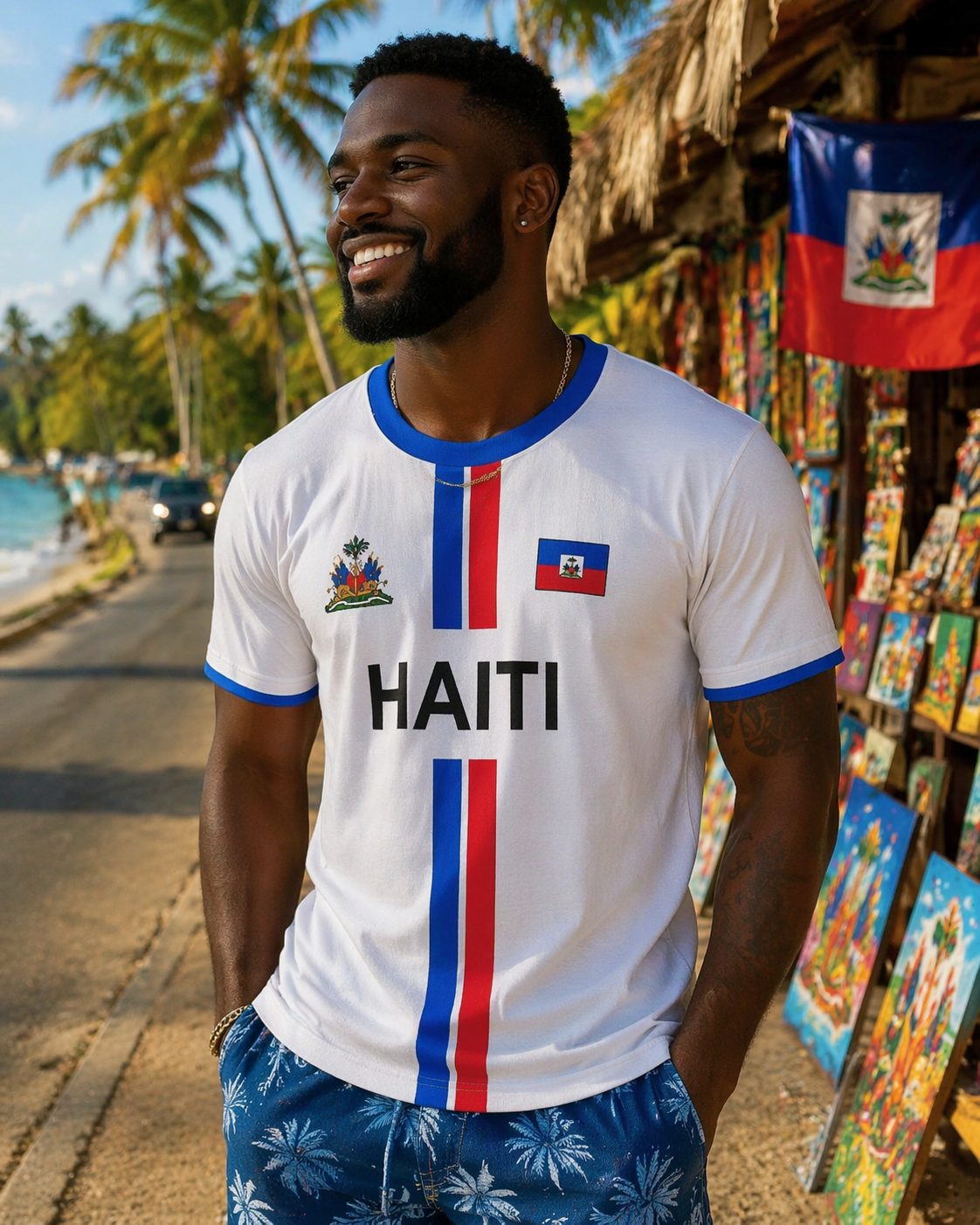 Man wearing a Haiti-themed shirt with a tropical background