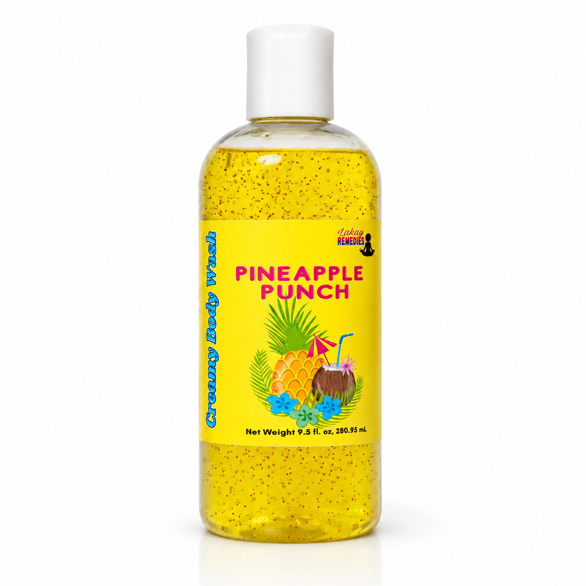 A clear plastic bottle of body wash with a white cap, filled with yellow liquid speckled with jojoba beads. The bottle features a bright yellow label with the text 'PINEAPPLE PUNCH' in pink, along with illustrations of pineapples, coconuts, and tropical flowers.