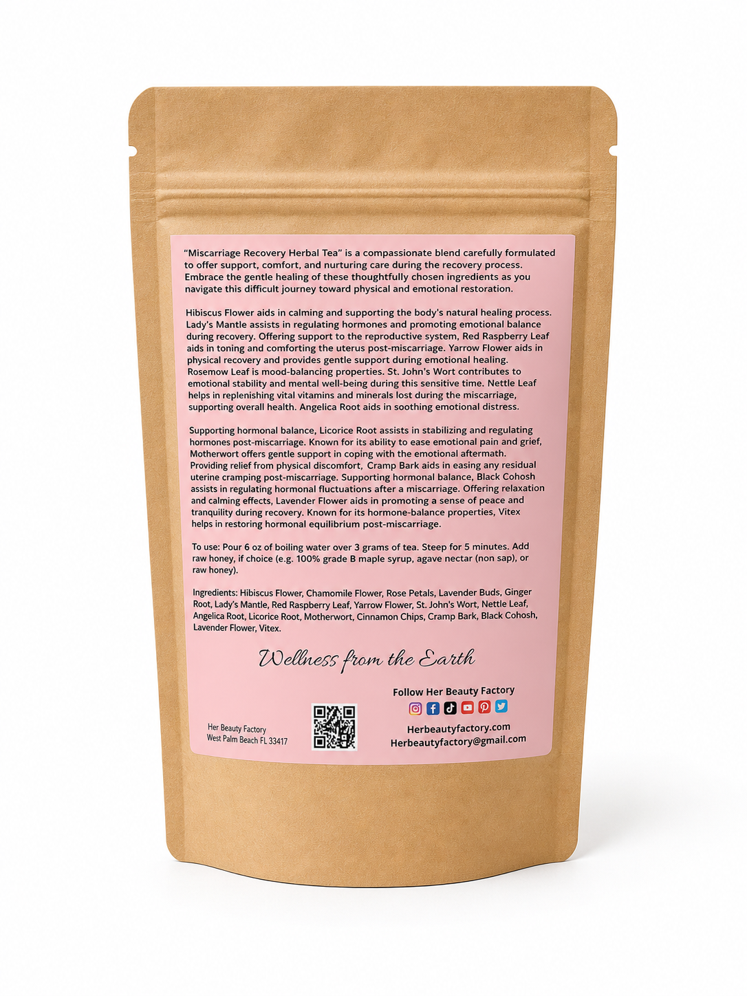 Herbal tea package with pink label on a white background