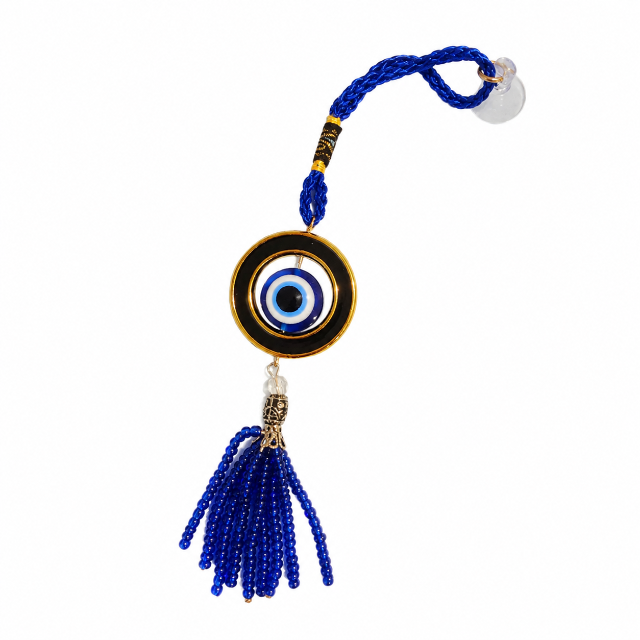 Blue and gold evil eye car charm with a tassel and suction cup, shown on a white background.