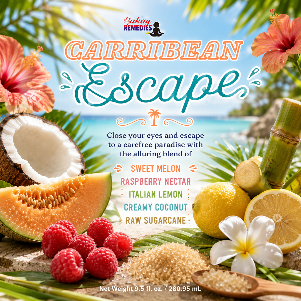 A tropical-themed product graphic for Lakay Remedies 'Caribbean Escape'. The design features a vibrant beach background with palm trees and ocean, surrounded by fresh ingredients including lemons, raspberries, a halved coconut, sugarcane, and a wooden spoon of sugar.
