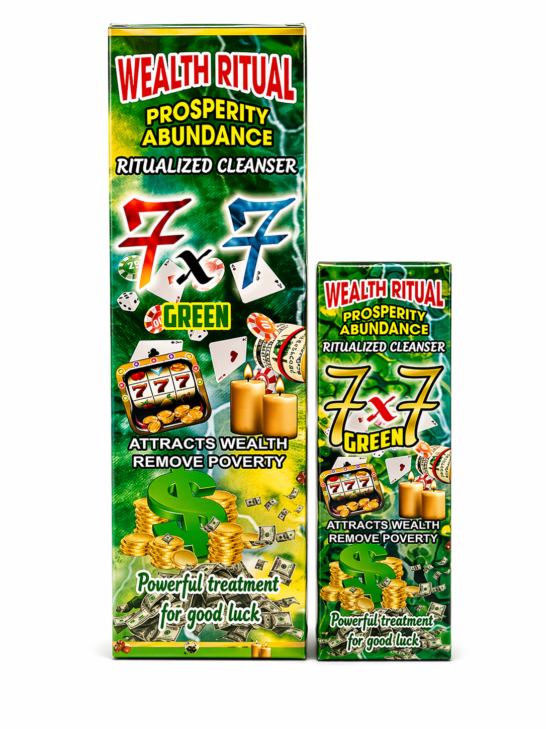 Two boxes of Wealth Ritual Prosperity Abundance with colorful graphics and text on a white background.