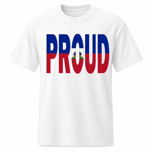 White t-shirt with 'PROUD' in red and blue letters on a white background
