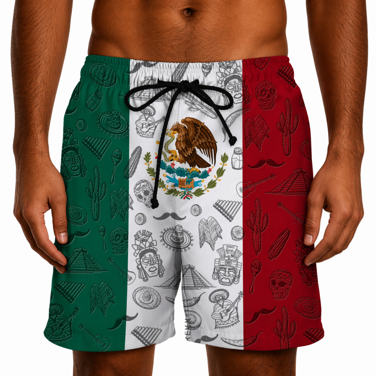 Shorts with a design inspired by the Mexican flag, featuring green, white, and red sections with various patterns.