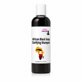 A bottle of Lakay Remedies African Black Soap Clarifying Shampoo, featuring a white cap and a white label with black text and a small graphic of Africa.