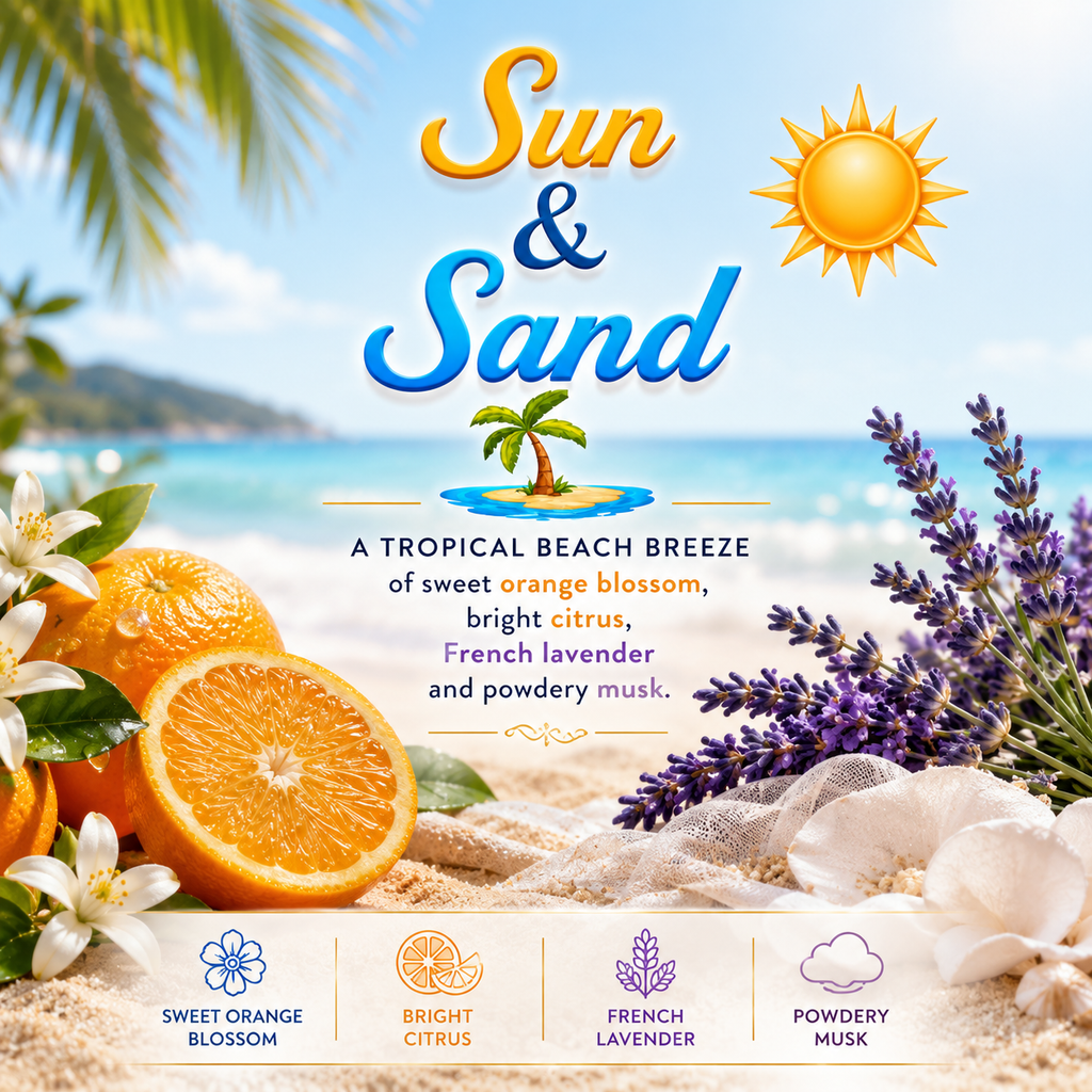 A tropical beach-themed fragrance graphic for 'Sun & Sand' with orange slices, lavender sprigs, white flowers, and sand in the foreground, plus text describing the scent as a tropical beach breeze with sweet orange blossom, bright citrus, French lavender, and powdery musk.