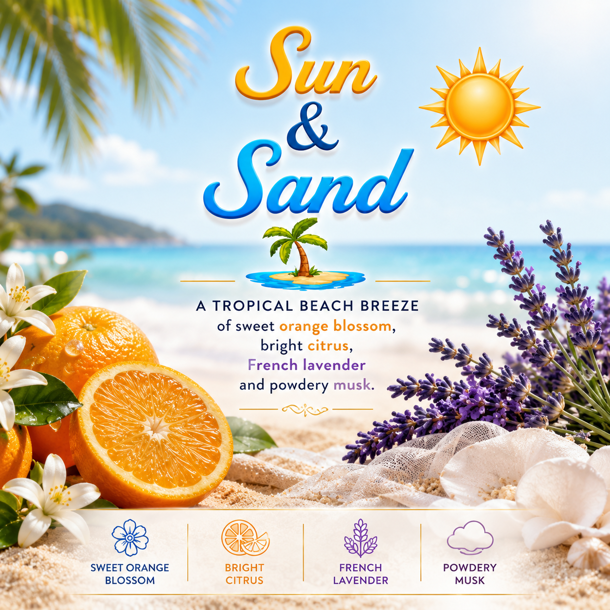 A tropical beach-themed fragrance graphic for 'Sun & Sand' with orange slices, lavender sprigs, white flowers, and sand in the foreground, plus text describing the scent as a tropical beach breeze with sweet orange blossom, bright citrus, French lavender, and powdery musk.