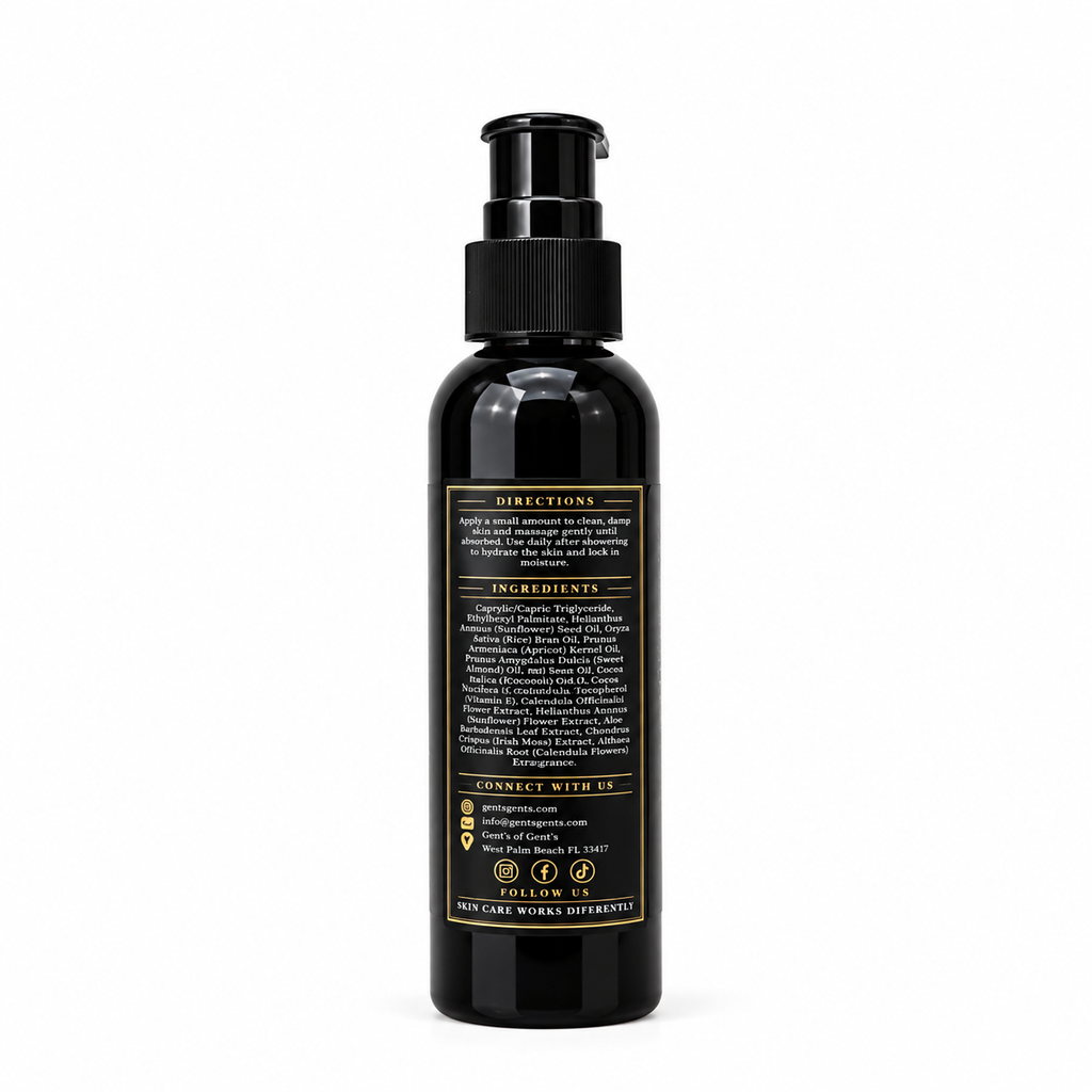 Gent's of Gent's Black Slate Men's Body Oil 4 oz – luxury lightweight moisturizing body oil with citrus, rosemary, sandalwood, patchouli and cedarwood fragrance.