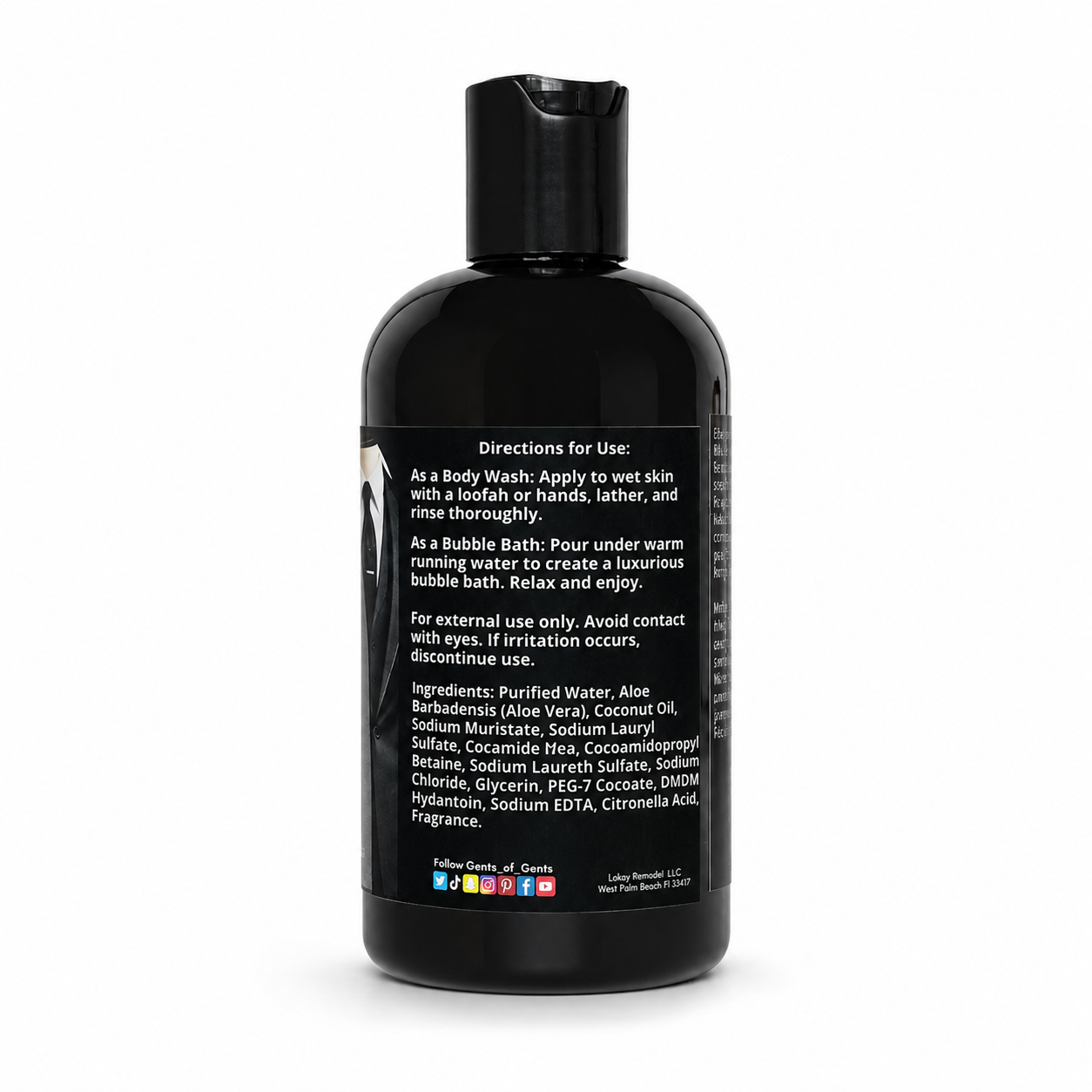 A black bottle of body wash with a black cap, shown from the back on a white background. The back of the bottle features white text detailing directions for use, ingredients, and a list of brand names including 'Pure Water', 'Aloe', and 'Sodium Lauryl'.