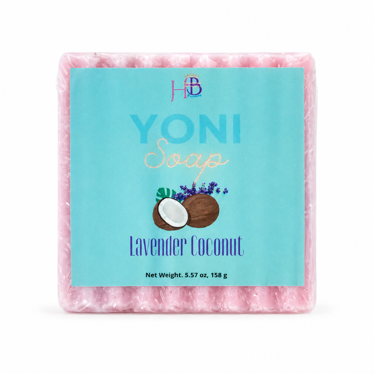 A packaged bar of soap with a turquoise label reading 'Yoni Soap Lavender Coconut' and showing a coconut illustration. The soap itself is pink and marbled, visible around the edges of the clear plastic wrap on a white background.