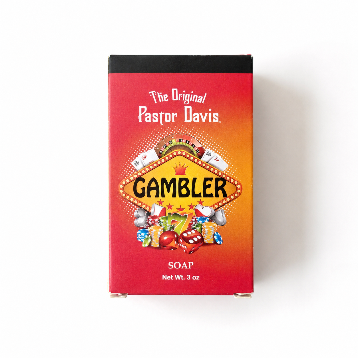 A rectangular box of Gambler Soap by Pastor Davis, featuring a red and orange gradient design with a marquee-style 'Gambler' logo and illustrations of dice, cards, and coins, set against a plain white background.