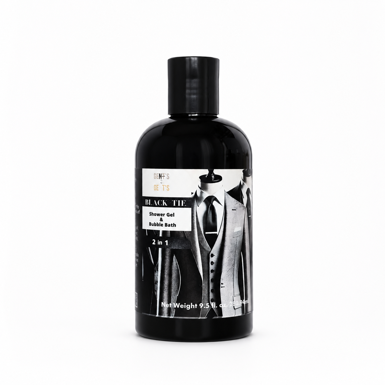 A black plastic bottle of Gent's of Gent's Black Tie Shower Gel & Bubble Bath 2-in-1, featuring a black cap and a label with a black-and-white graphic of men in suits, set against a plain white background.