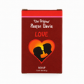 A rectangular red soap bar package labeled 'The Original Pastor Davis LOVE SOAP' with a heart-shaped couple silhouette graphic, shown on a plain white background.