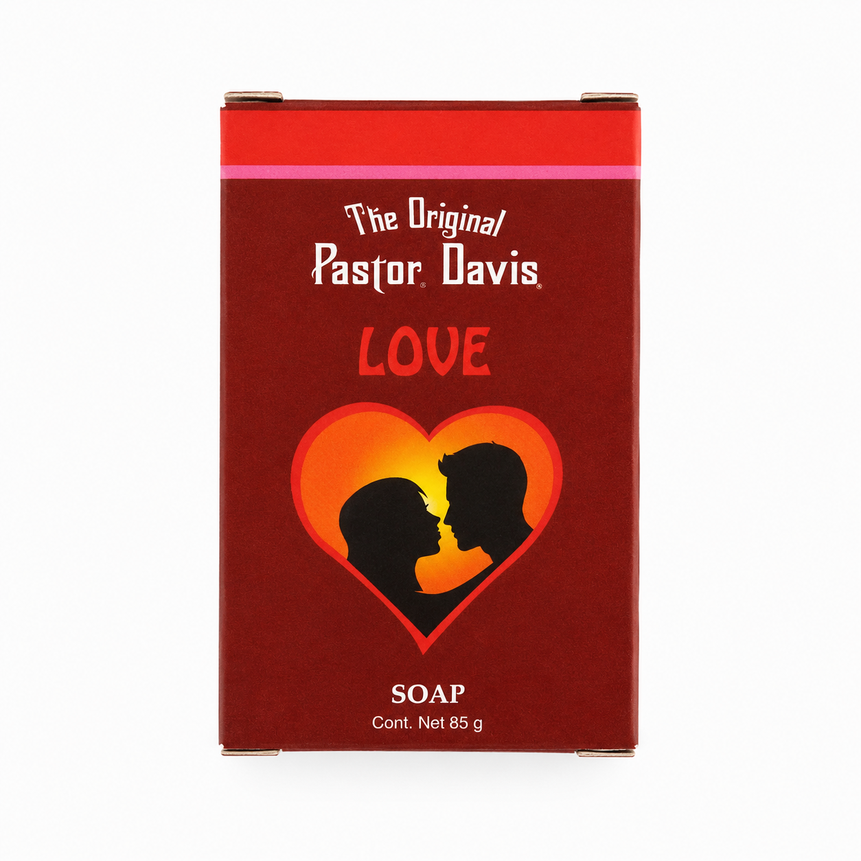 A rectangular red soap bar package labeled 'The Original Pastor Davis LOVE SOAP' with a heart-shaped couple silhouette graphic, shown on a plain white background.