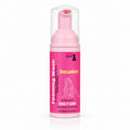 A pink bottle of Lakay Remedies Intimate Soaks Decadent Foaming Wash with a clear cap, shown on a white background.