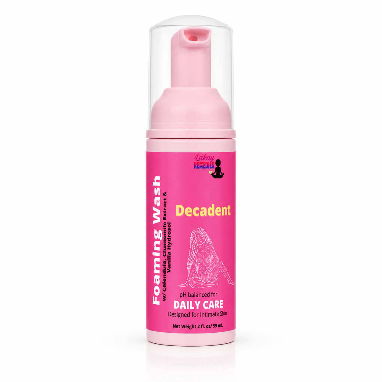 A pink bottle of Lakay Remedies Intimate Soaks Decadent Foaming Wash with a clear cap, shown on a white background.