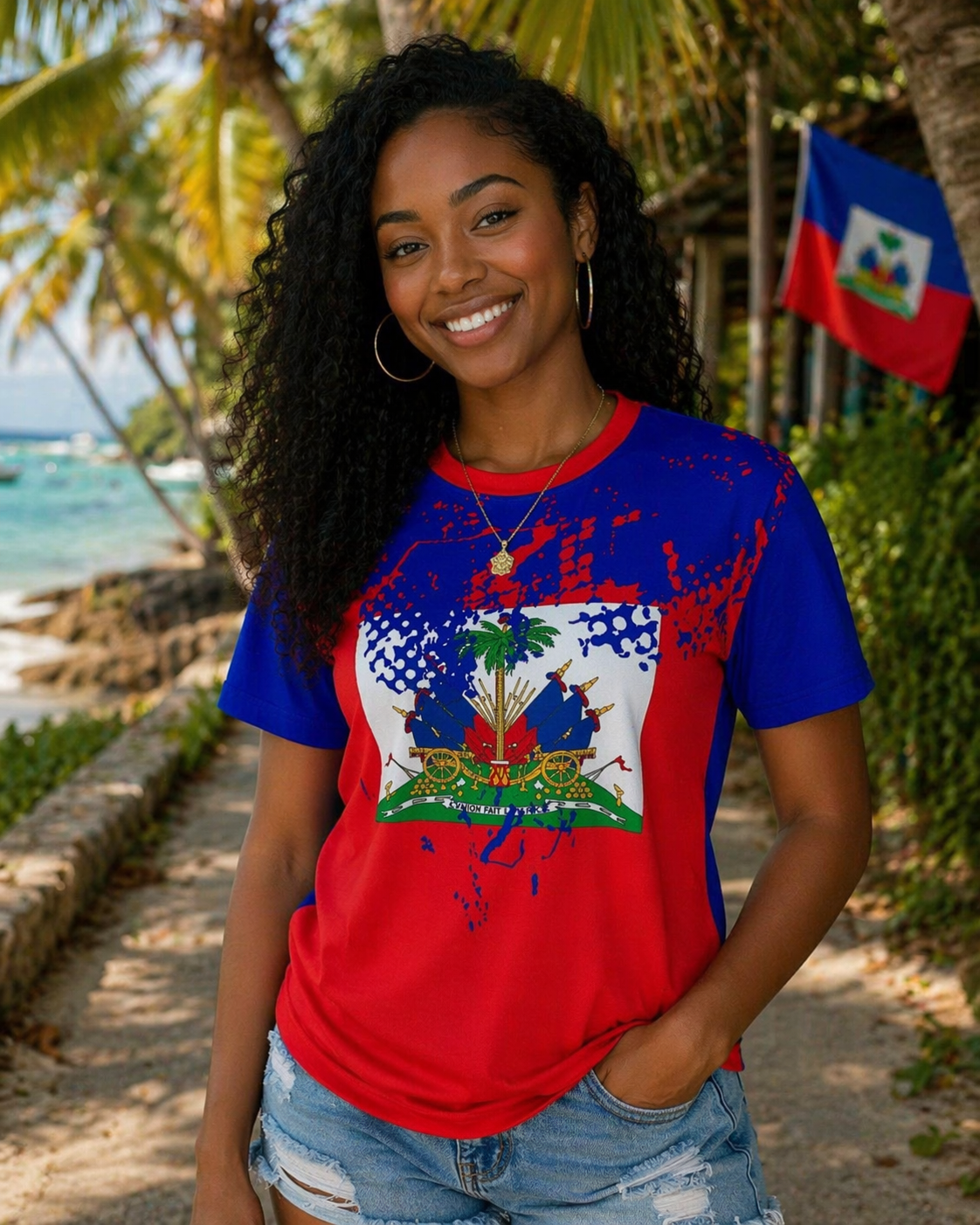 Woman wearing a red and blue shirt with a flag design, standing on a beach.