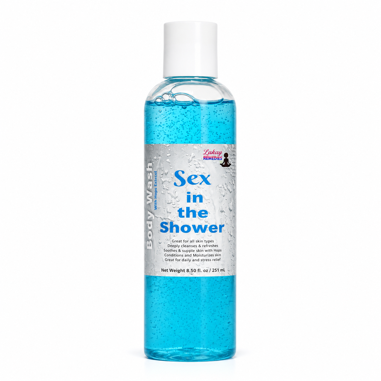 A clear plastic bottle of body wash filled with bright blue liquid, featuring a white cap and a white label with blue text that reads 'Sex in the Shower' and 'Body Wash.'.
