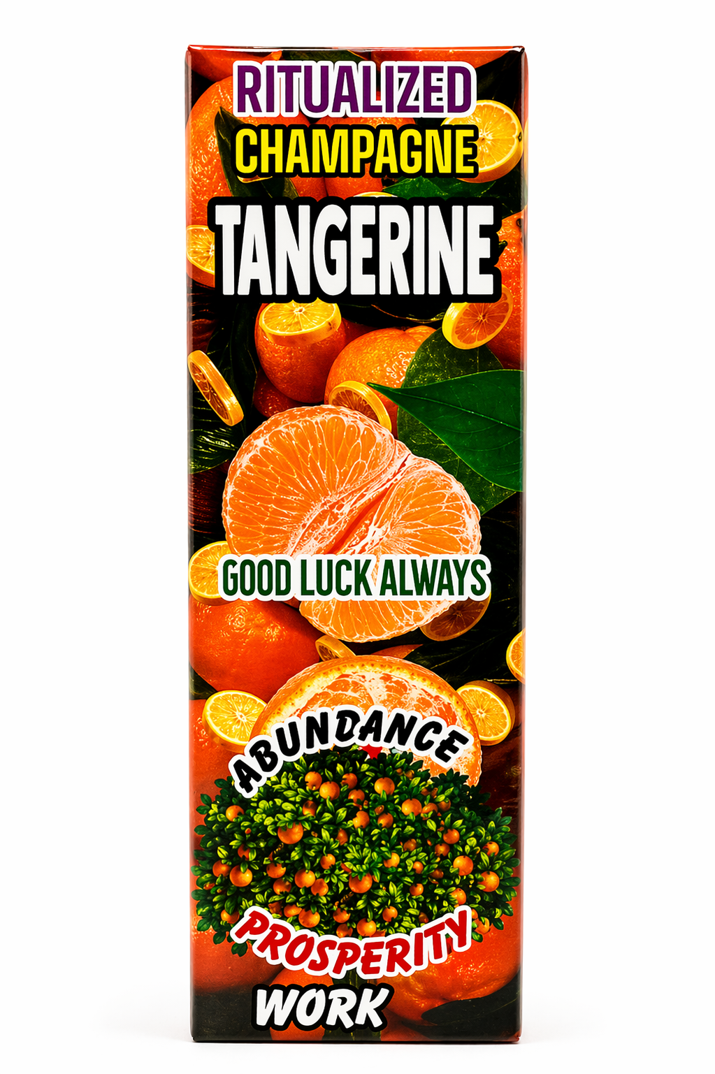 Box of 'Ritualized Champagne Tangerine' with orange slices and text on a white background