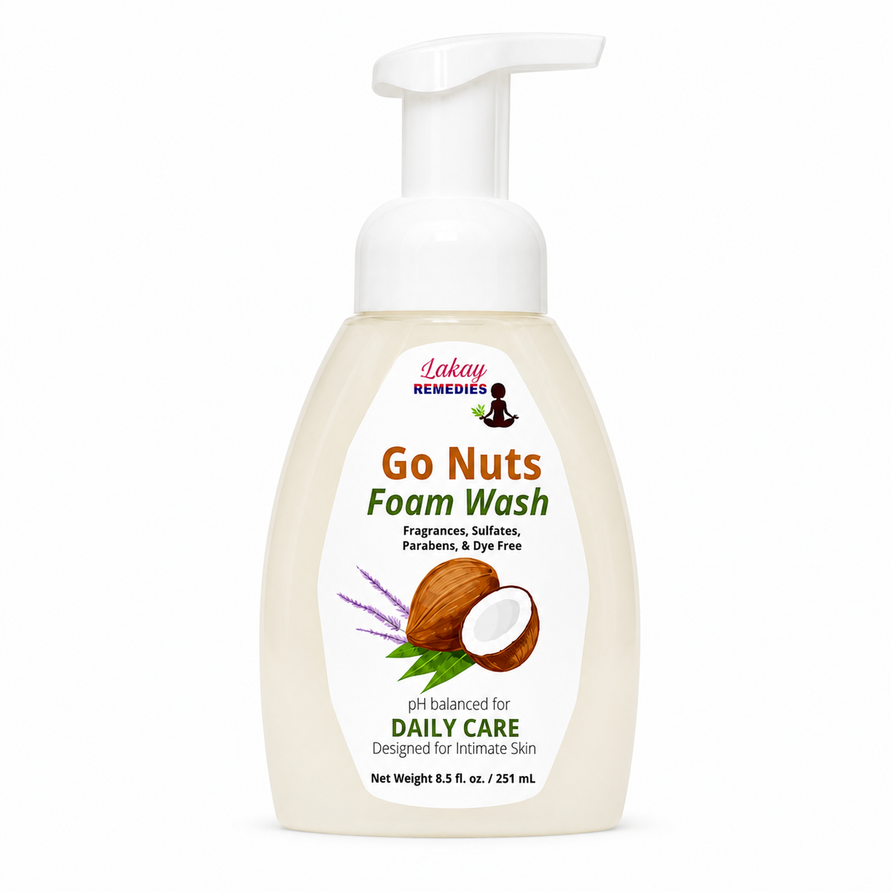 A bottle of Go Nuts Foam Wash with a white pump dispenser and a coconut-themed label, set against a plain white background.