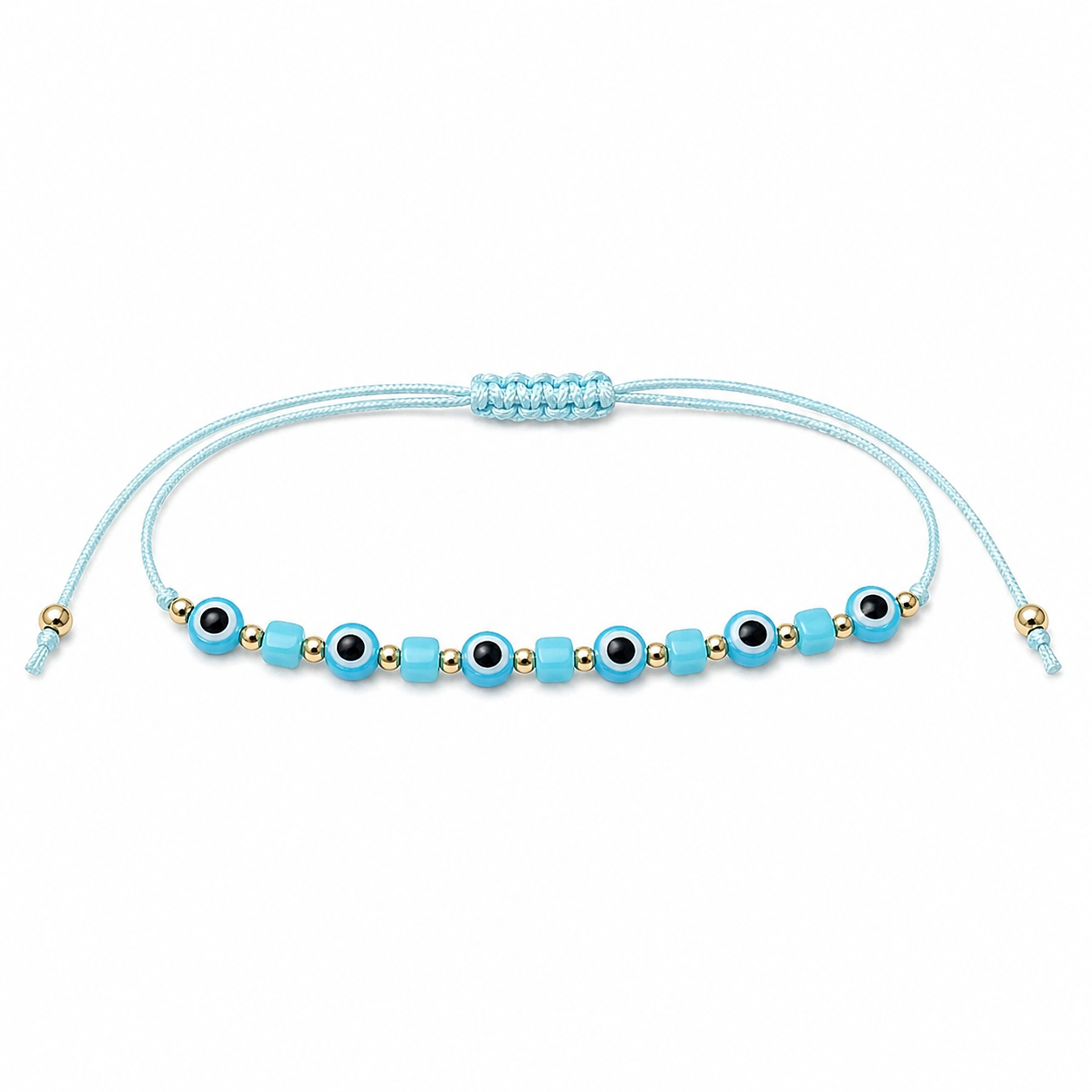 Turquoise bracelet with black and gold beads on a white background