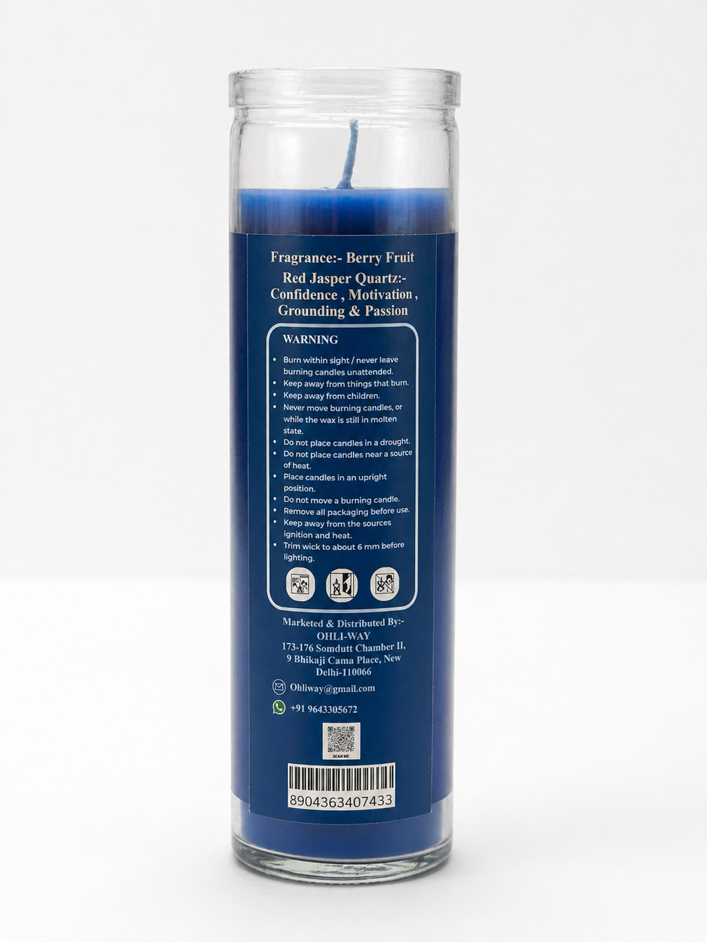 Blue candle with label on a white background