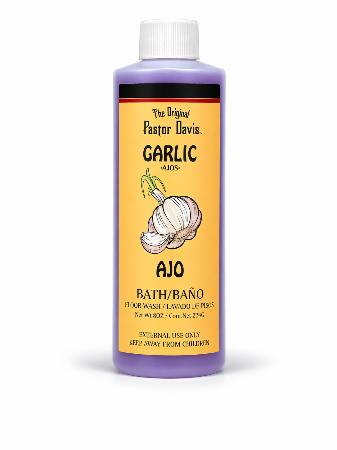 Bottle of Pastor Davis Garlic Bath Wash on a white background