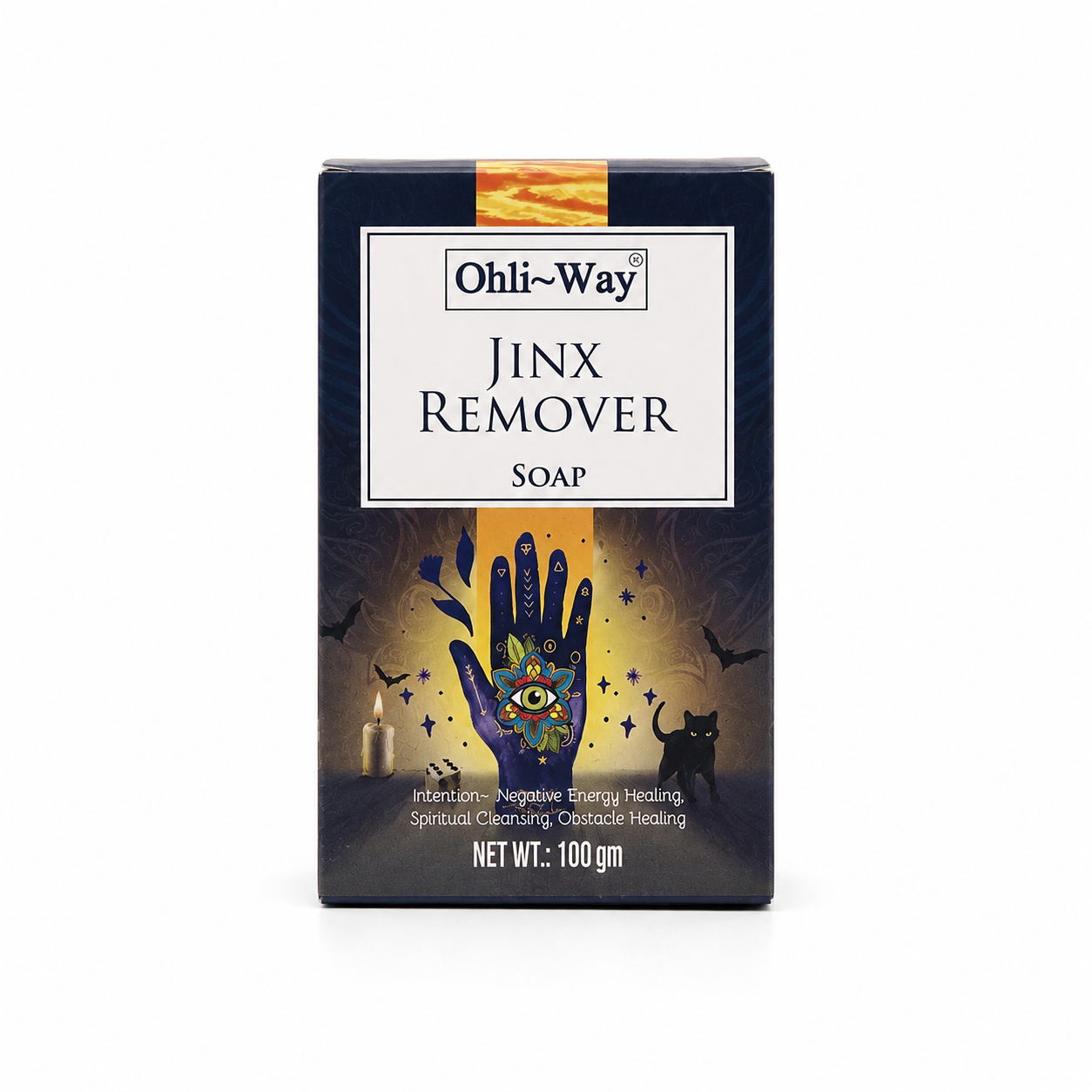 A 100g box of Ohli-Way Jinx Remover Soap, featuring a dark navy blue and black design with a central white label and an illustration of a colorful hand with an eye of providence.