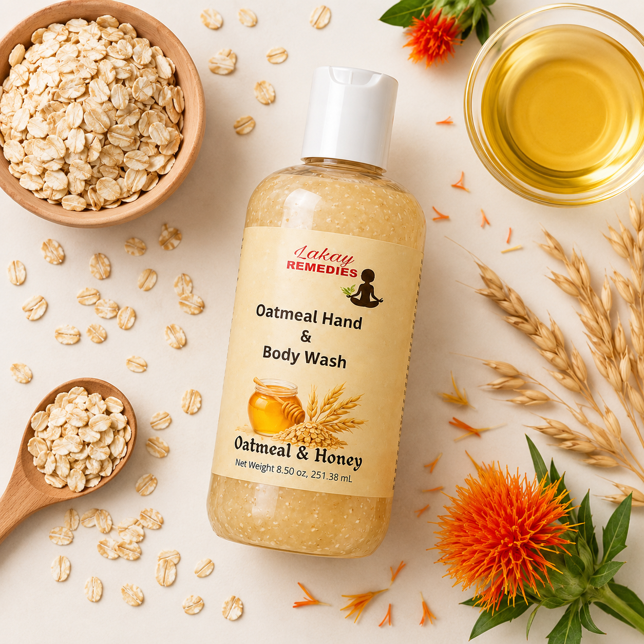 A bottle of Lakay Remedies Oatmeal Hand & Body Wash is displayed in a styled flat-lay arrangement with oats, honey, and botanical elements on a light cream background.