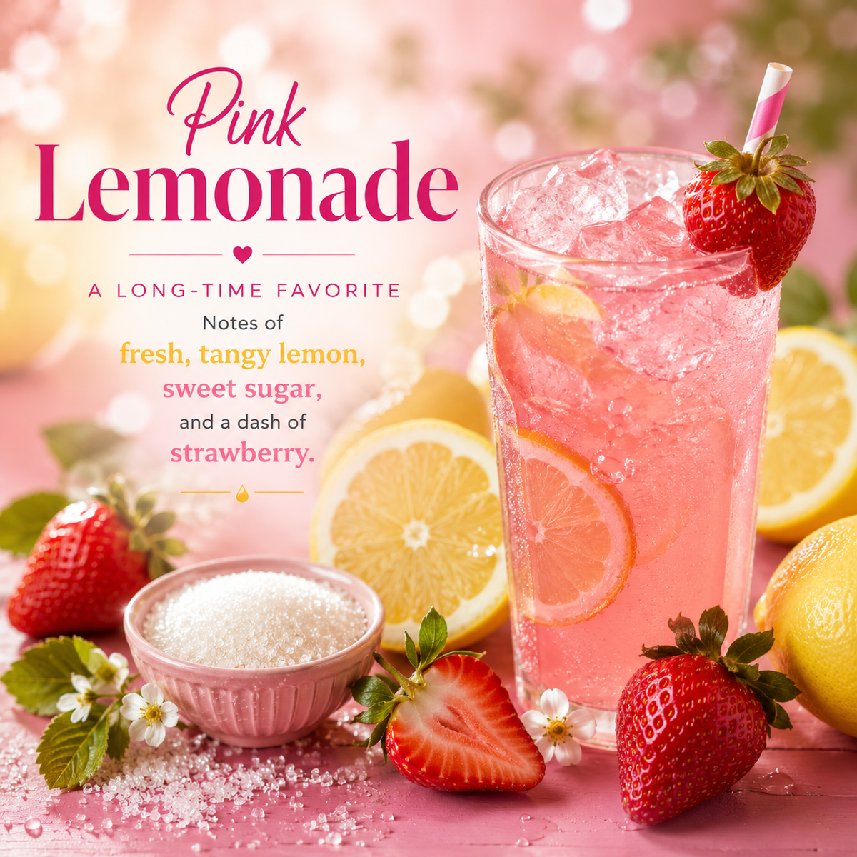 A pink lemonade drink in a tall glass with ice, lemon slices, strawberries, and a straw, styled on a pink surface with lemons, strawberries, sugar, and text reading 'Pink Lemonade.' This is not a clean standalone product shot and not packaging; it is a styled promotional scene, so Lifestyle fits better than Product/Packaging because a real styled environment/scene is present.
