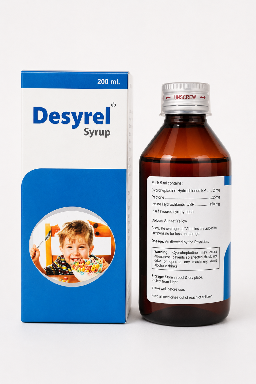 Desyrel Syrup bottle and packaging on a white background