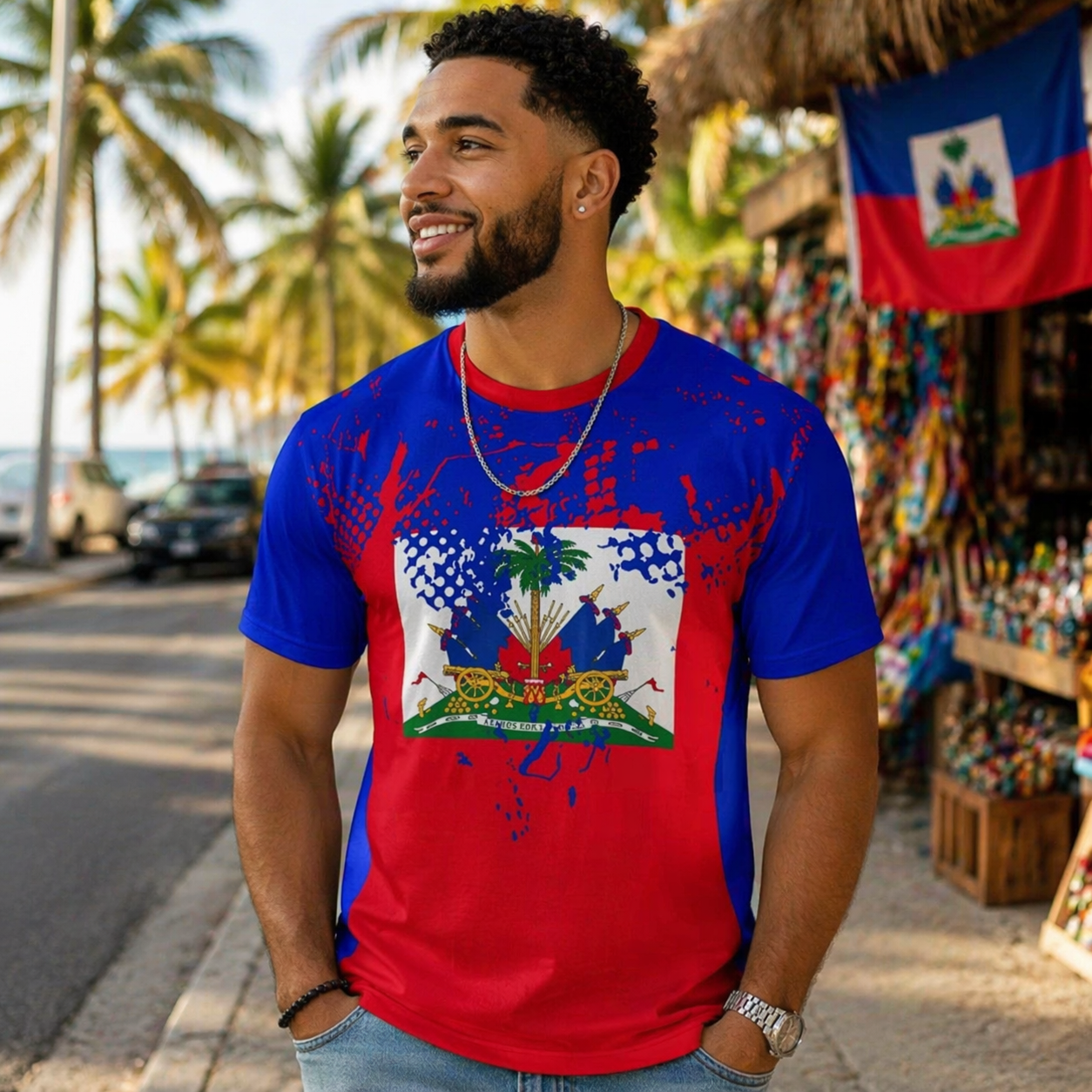 Man wearing a red and blue t-shirt with a graphic design, standing on a street with palm trees and a market in the background.