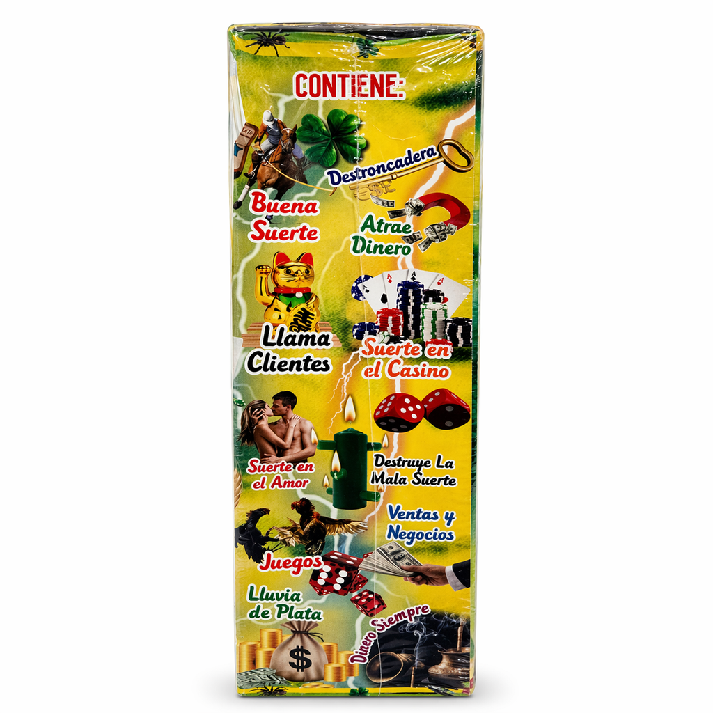 Colorful box with various symbols and text on a white background