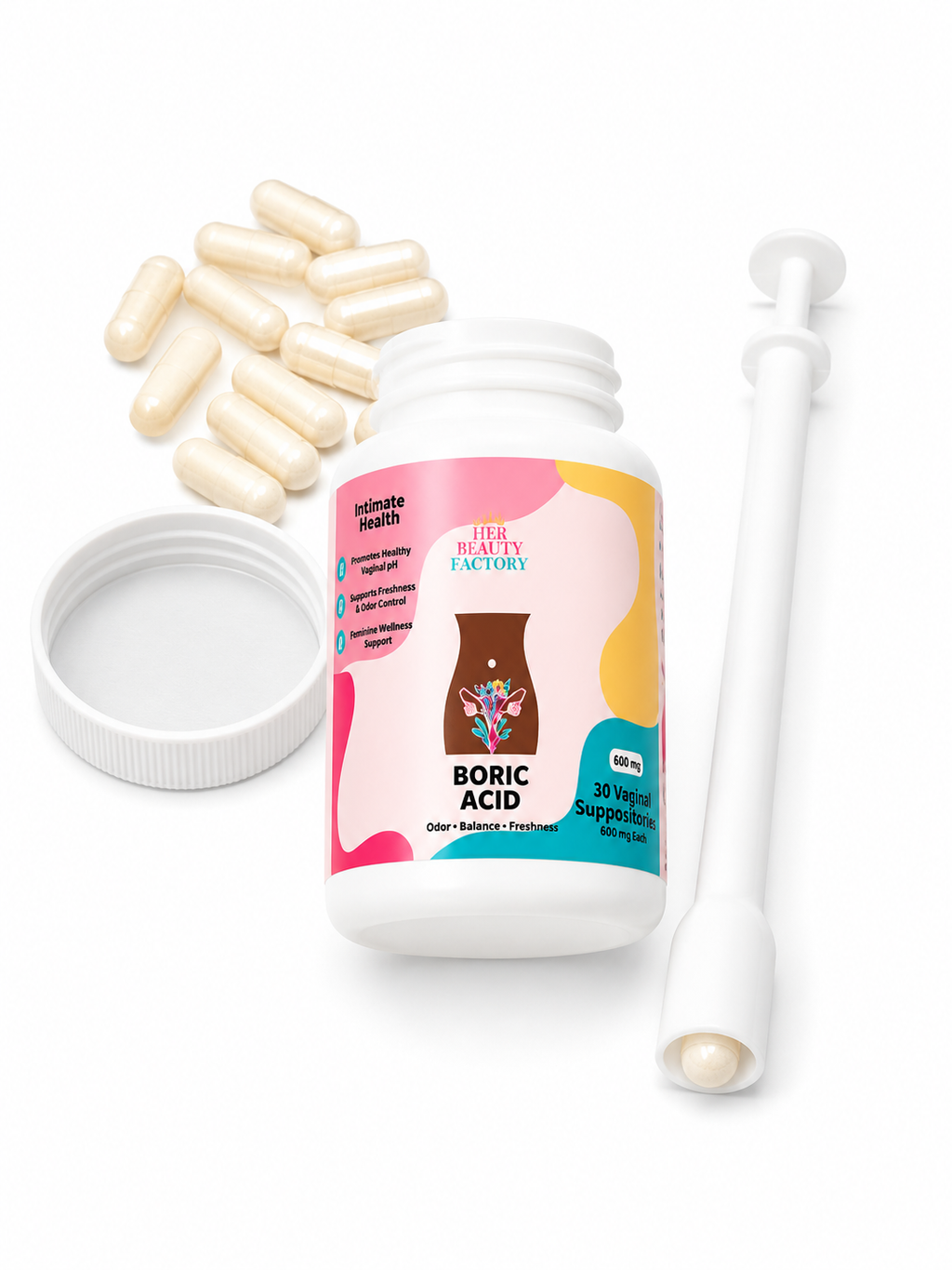 Boric acid supplement bottle with capsules and applicator on a white background