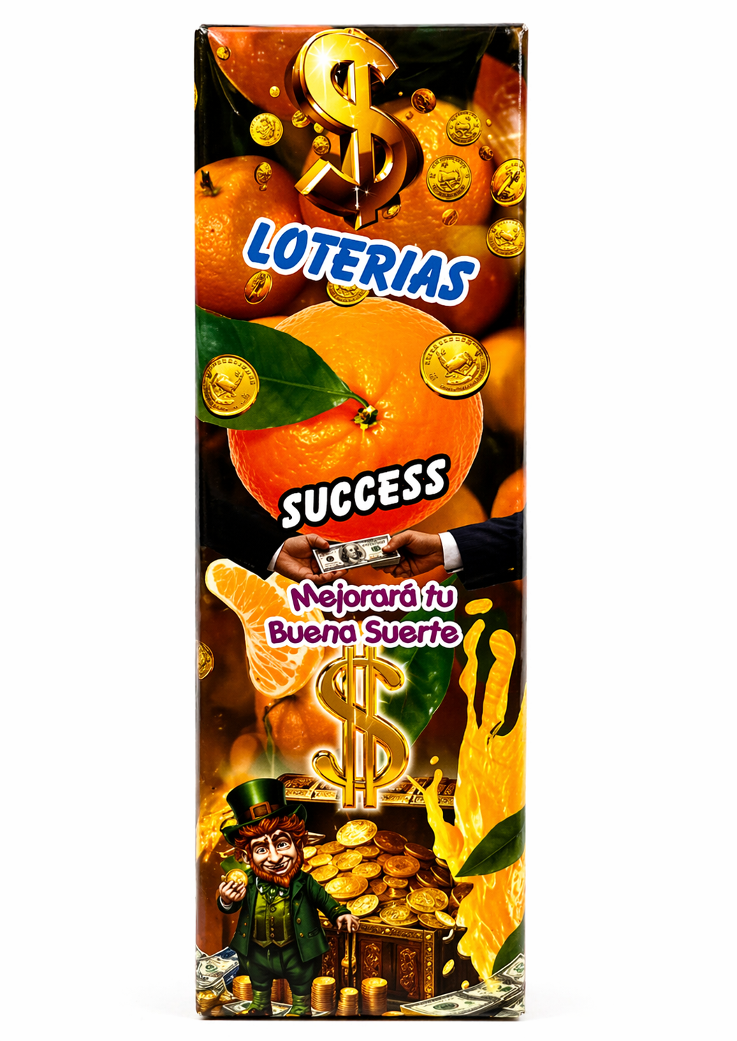 Loterias Success packaging with oranges, gold coins, and a leprechaun figure on a white background