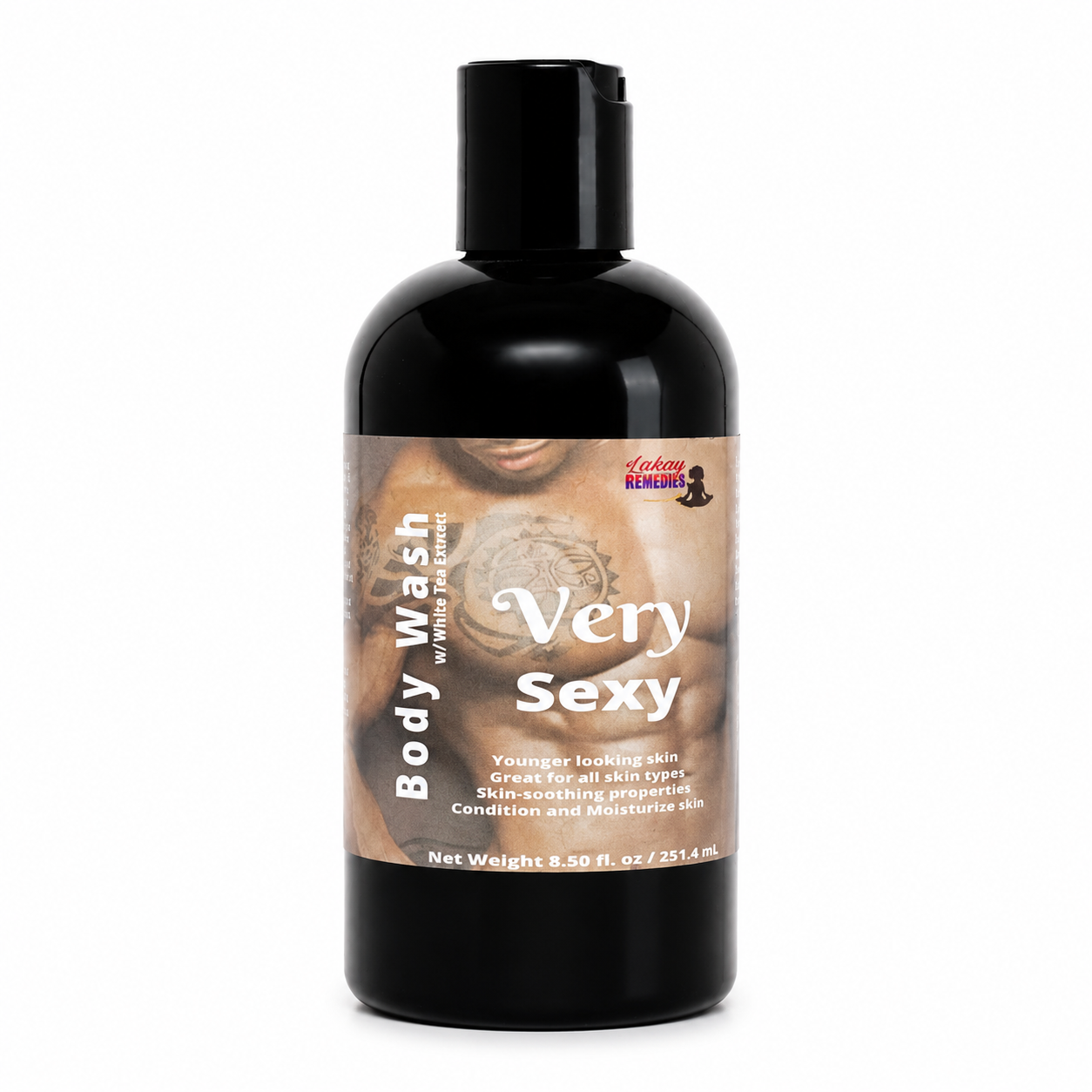 A black plastic bottle of body wash with a black cap, featuring a label that reads 'Body Wash Very Sexy' with a warm-toned graphic of a person's torso on the front.