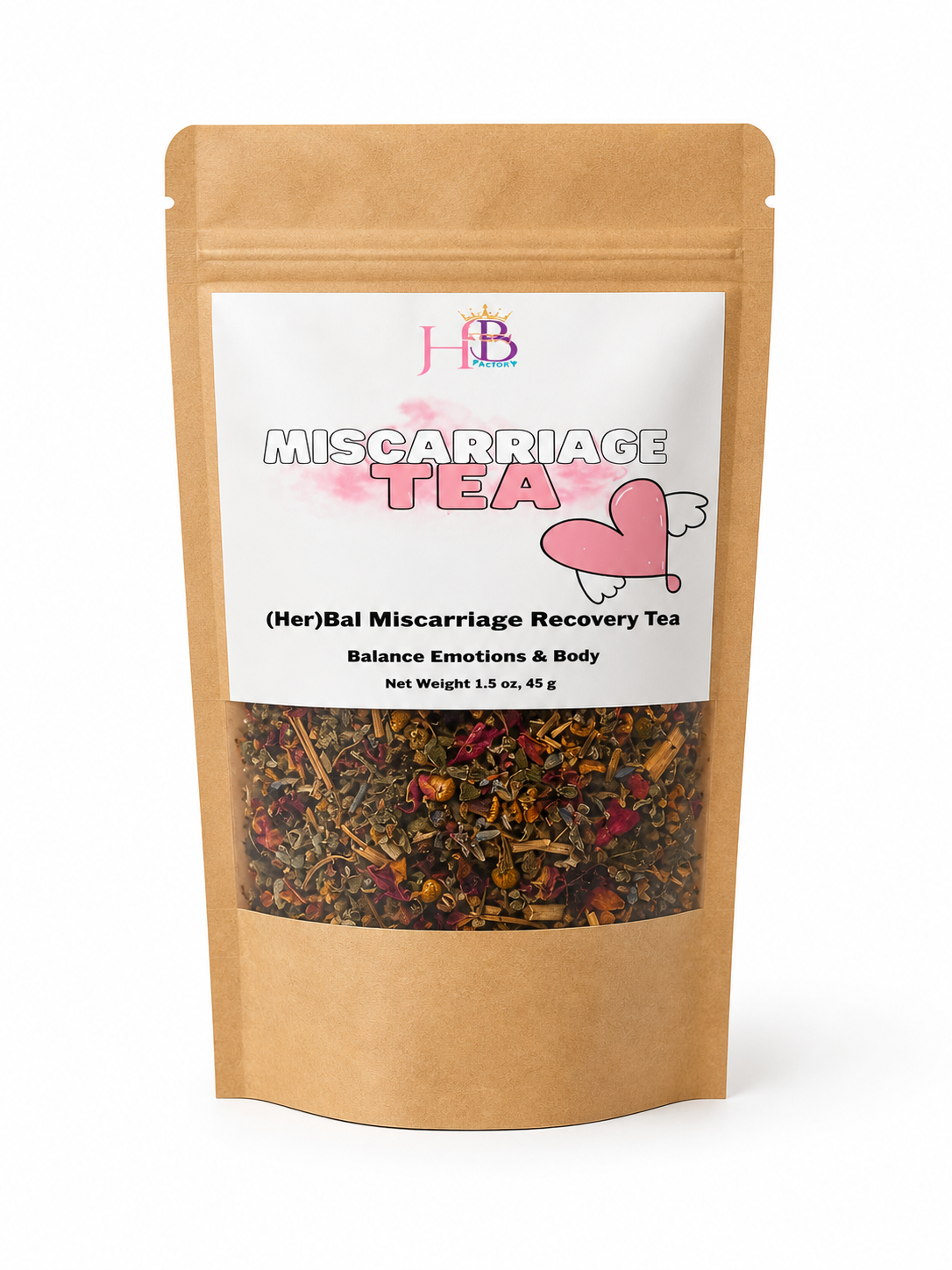 Package of 'Her Beauty Factory Miscarriage Recovery Tea with visible contents on a white background