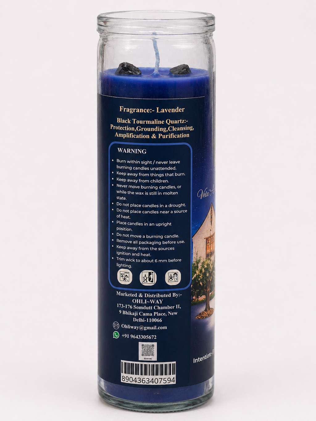 Blue candle with label on a white background