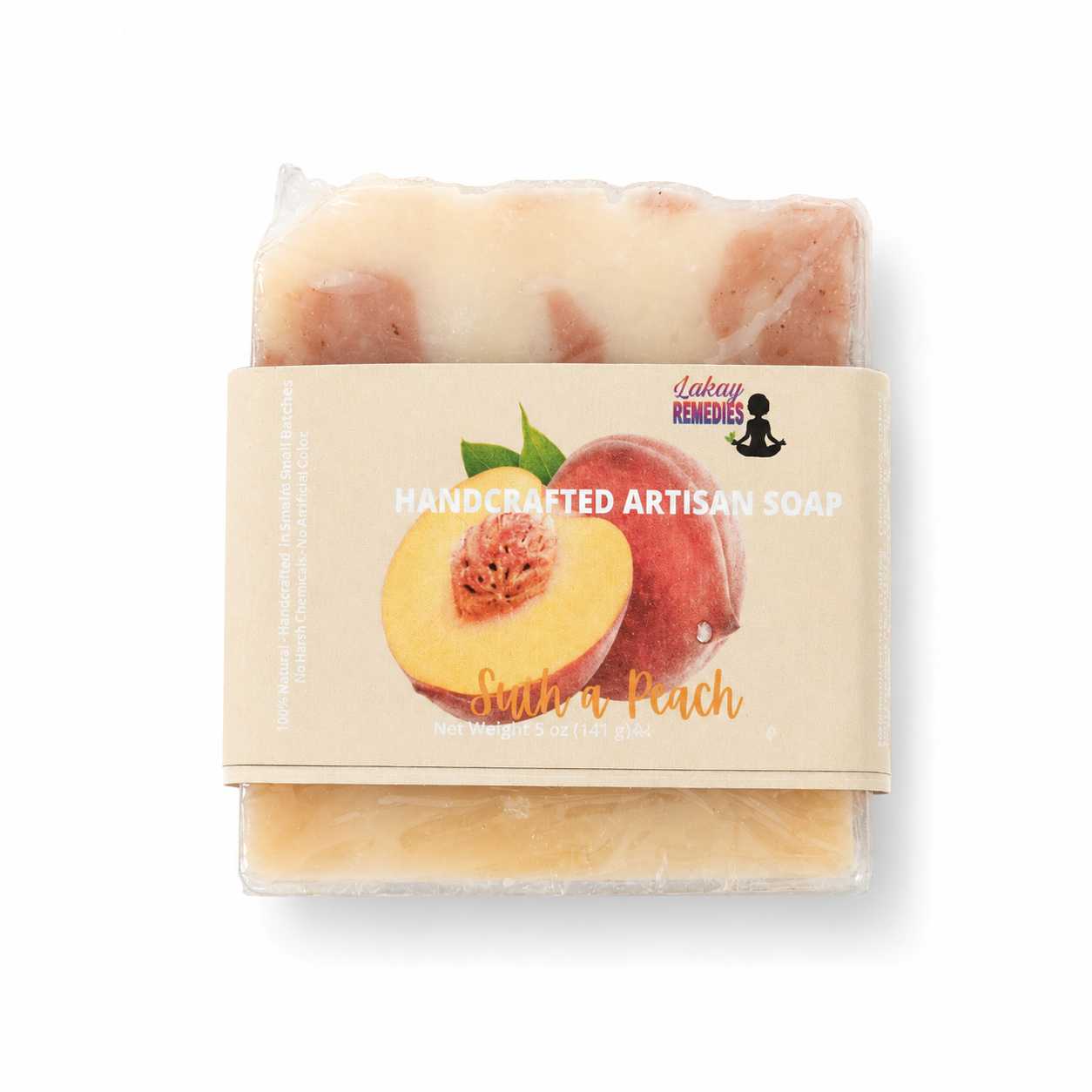 A packaged bar of soap labeled 'Handcrafted Artisan Soap' and 'Such A Peach' by Lakay Remedies, wrapped in clear plastic with a peach and peach slice illustration on the beige paper band.