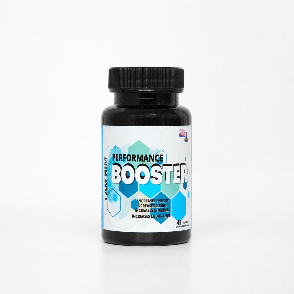 A black plastic bottle of 'Performance Booster' dietary supplements with a black ribbed cap, set against a plain white background.