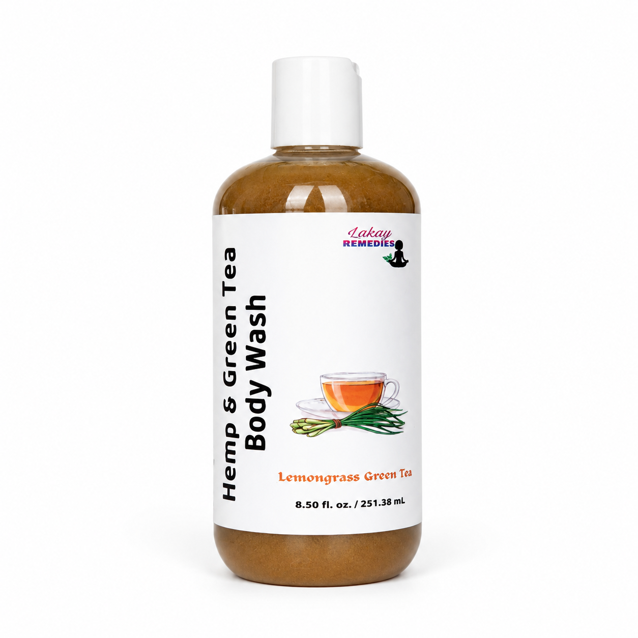 A bottle of Lakay Remedies Hemp & Green Tea Body Wash, featuring a white label with a graphic of a green tea cup and lemongrass, set against a plain white background.