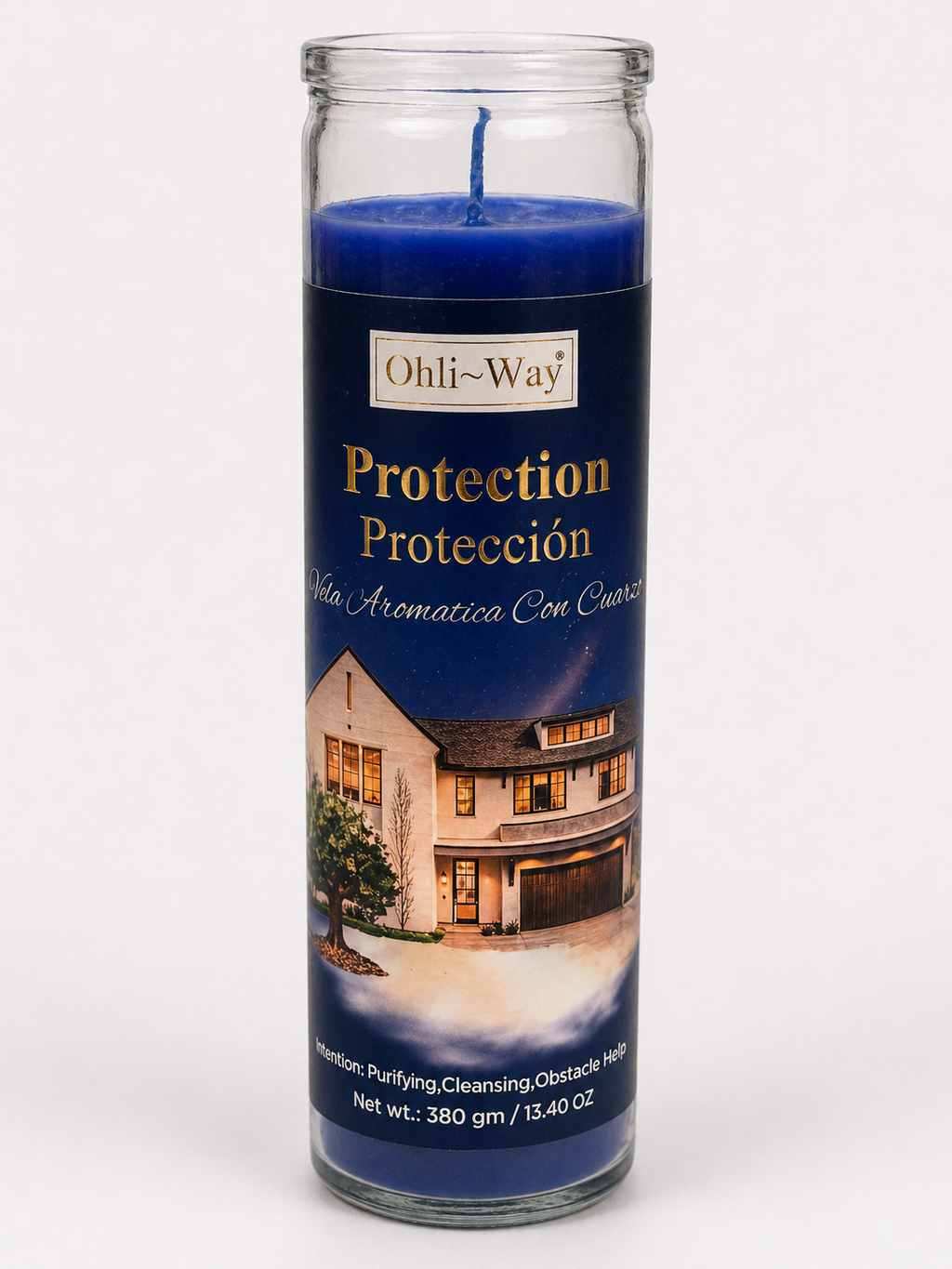 Blue candle with a label on a white background