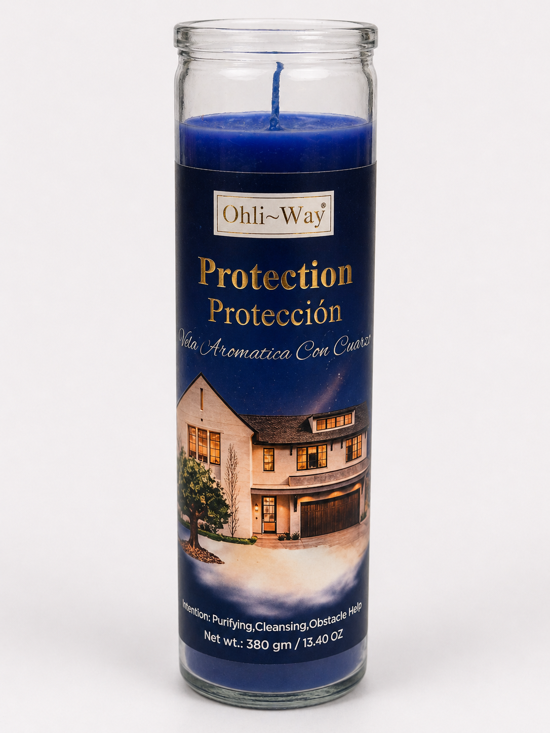 Blue candle with a label on a white background