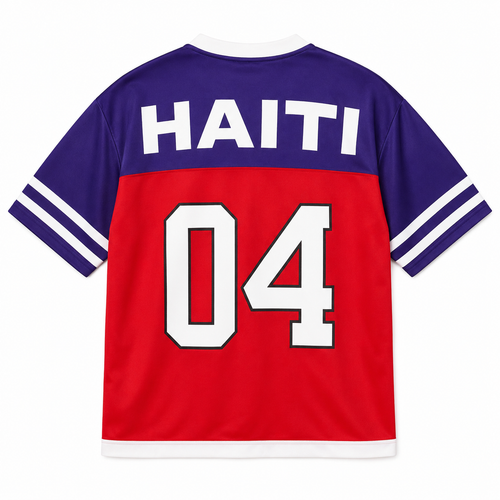 Red and purple sports jersey with 'HAITI' and number '04' on a white background